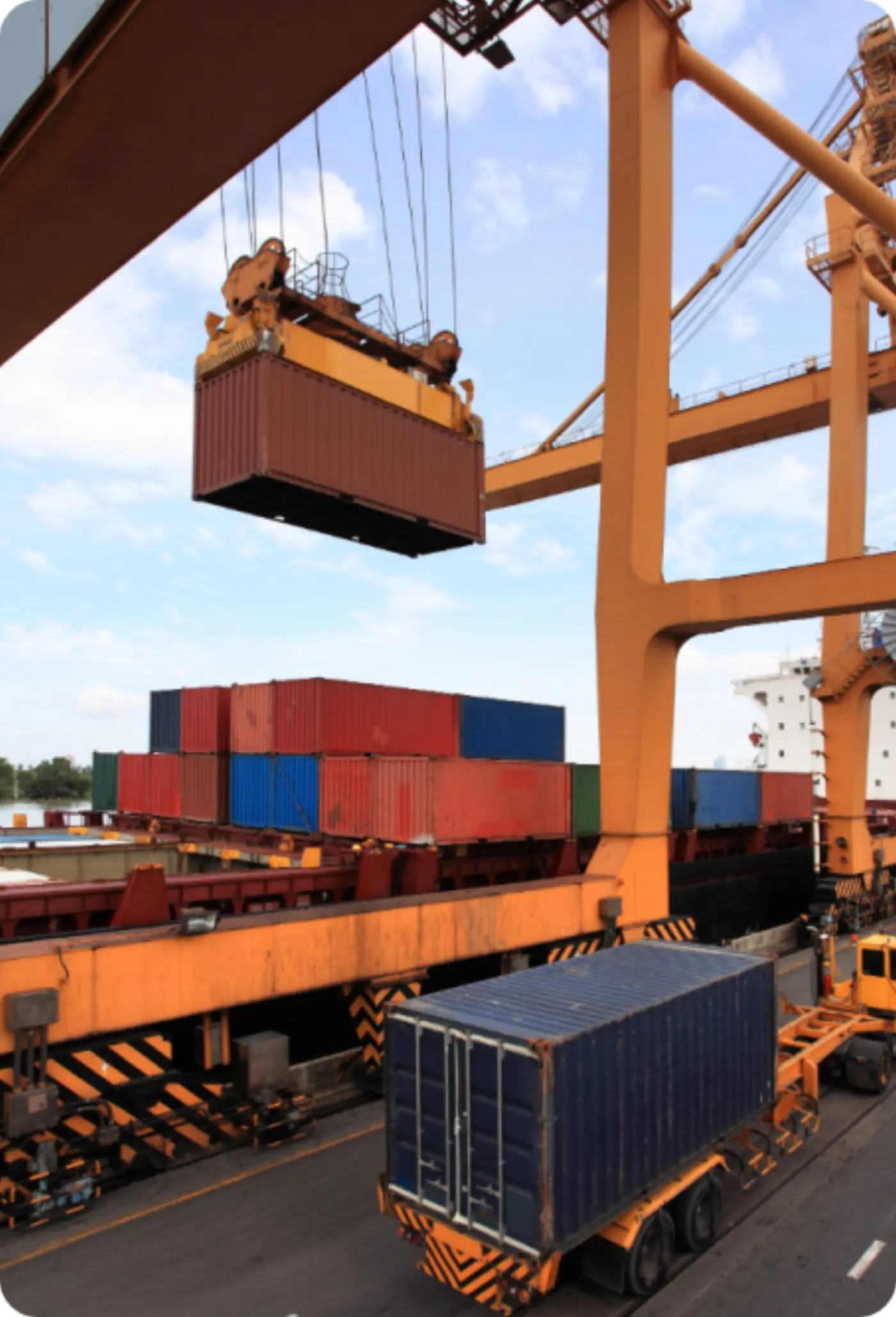 Gantry crane lifting a container at a port terminal