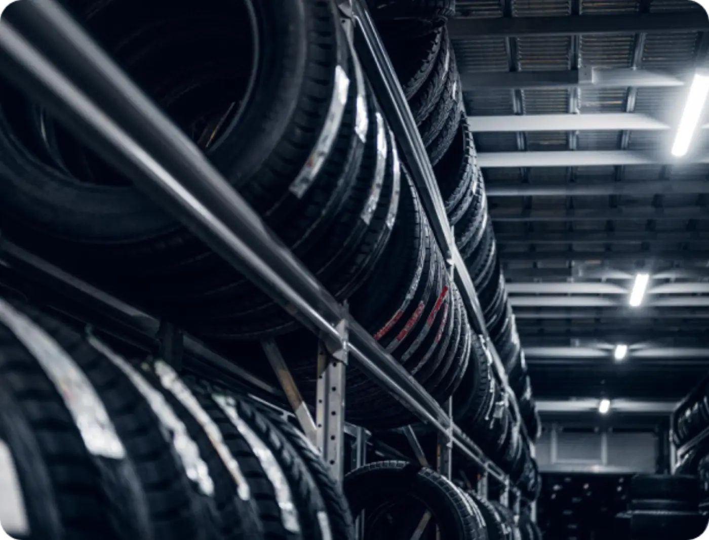 Warehouse aisle racked with tyres